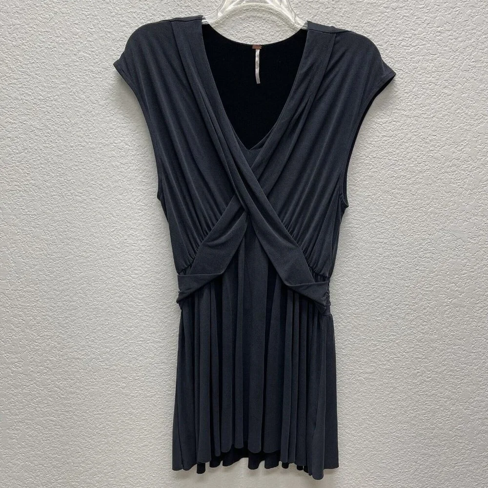 FREE PEOPLE CRISS CROSS Womens Small Dress Gray Cap Sleeves Raw Hem Flirty Fun - Picture 2 of 8